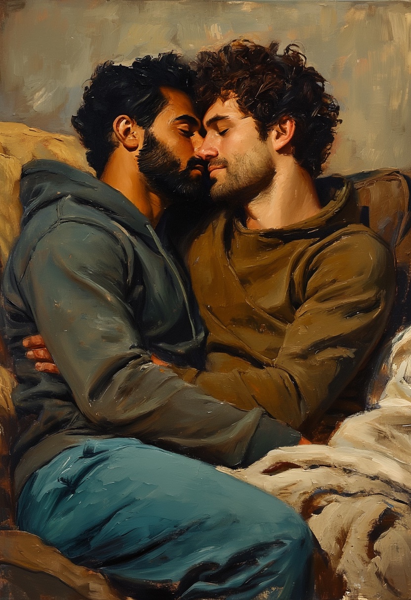 Couple's Embrace on Olive Couch