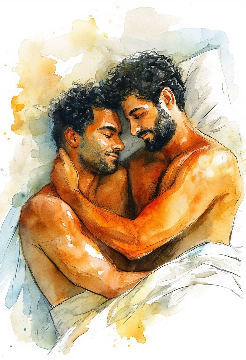 Abrazo de Dos Hombres, Acuarela al Sol
