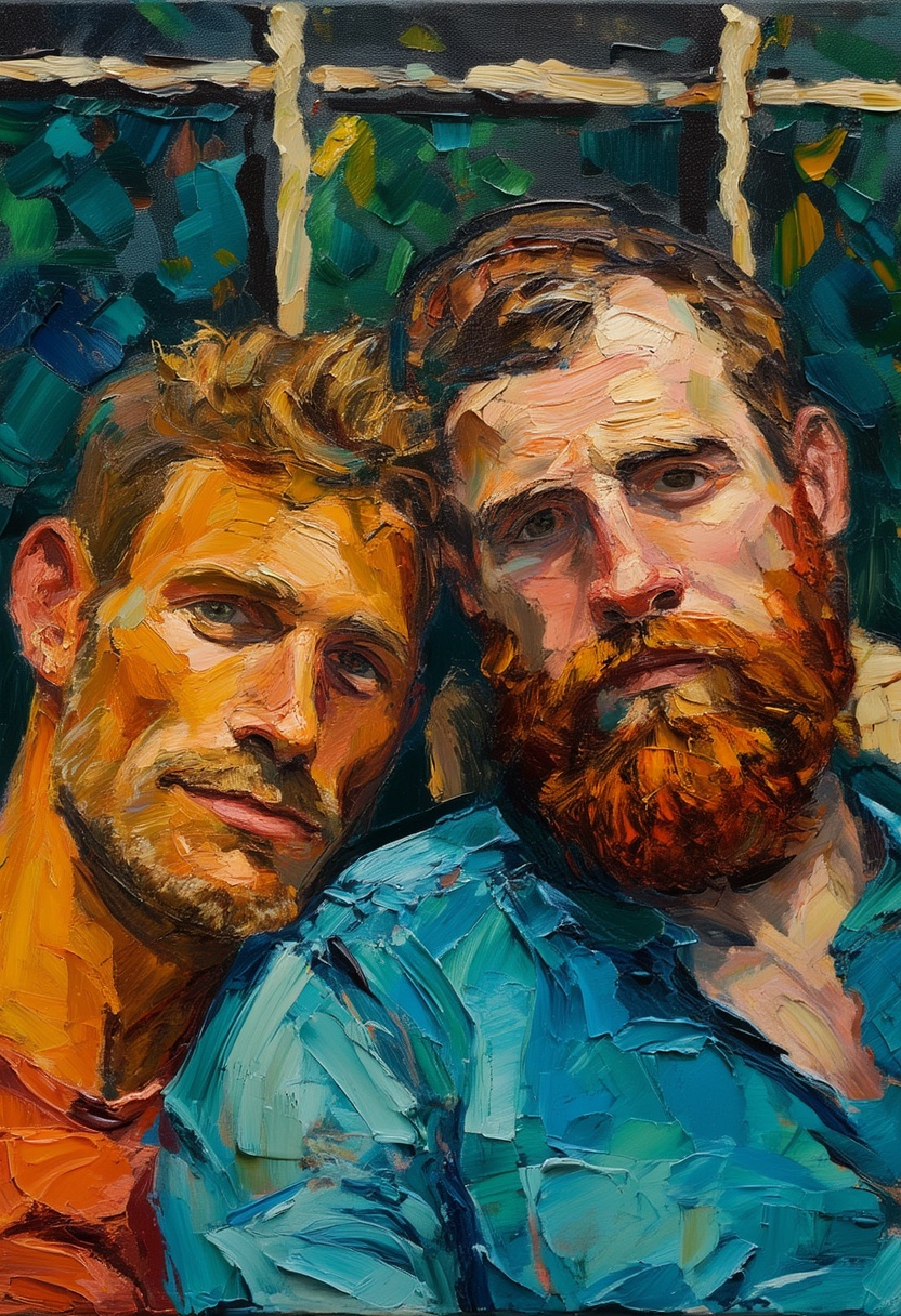 Expressionistisches Ölgemälde, Zwei Männer, Blaues Hemd, Roter Bart
