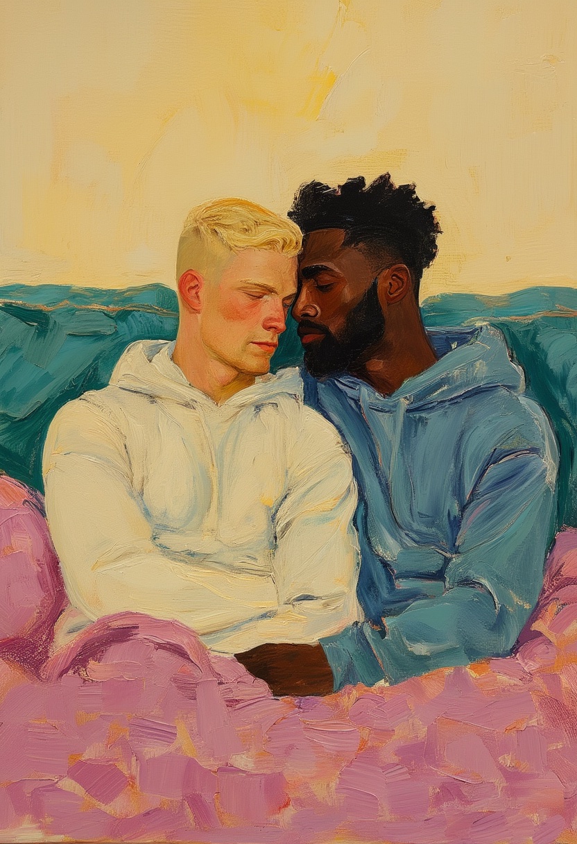 Intimate Cuddle on Pink Blanket