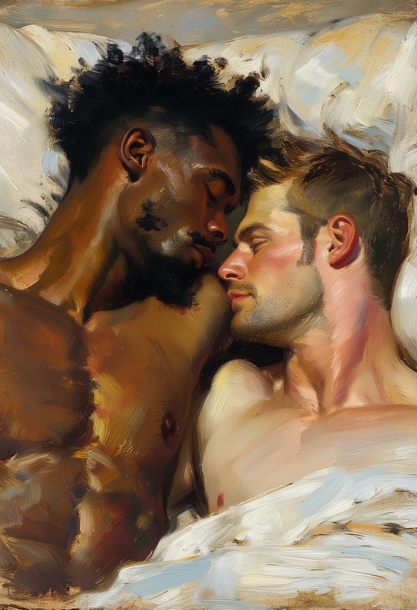 Intimate Cuddle Under Cream Sheet