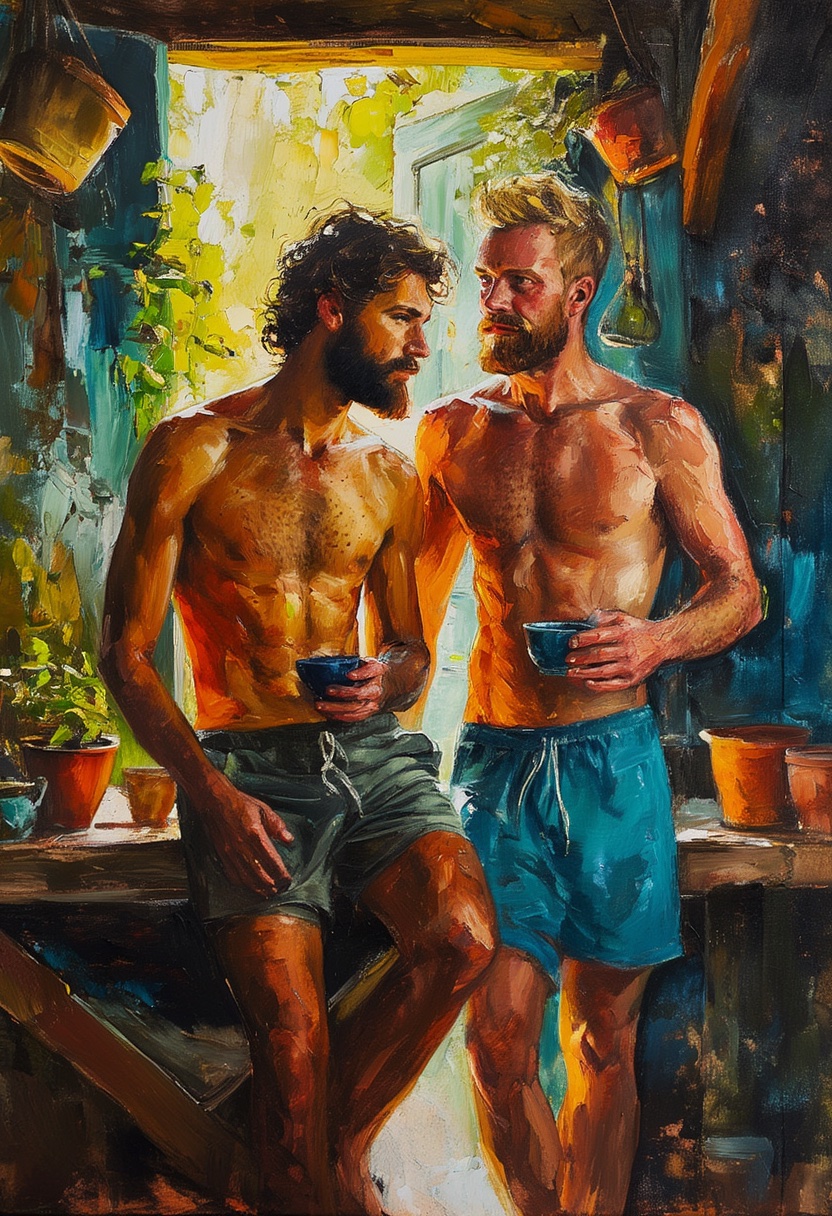 Abrazo bajo la Luz Matutina en el Cobertizo de Macetas