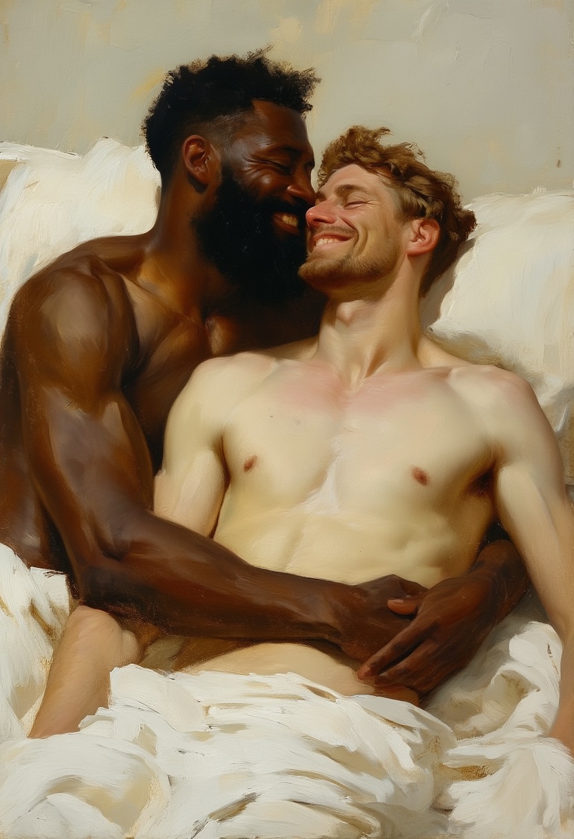 Oil-Painted Embrace in Bed