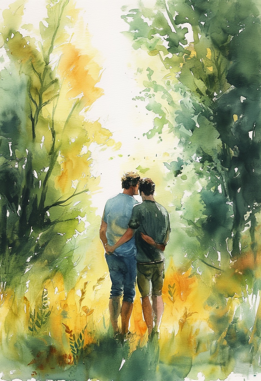 Abrazo en el bosque bañado de sol