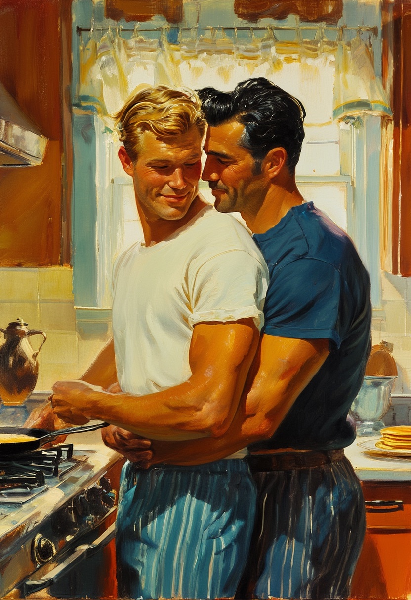 Abrazo en la cocina iluminada