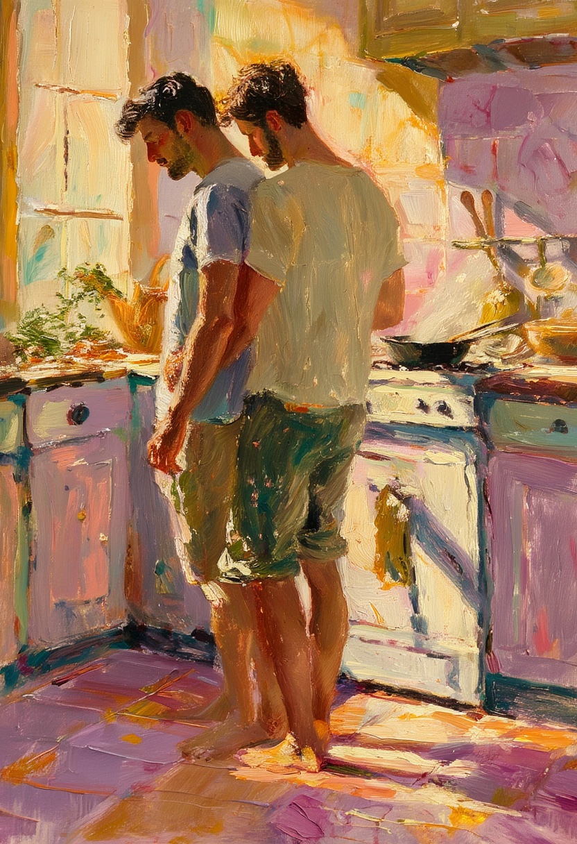 Abrazo en la cocina iluminada