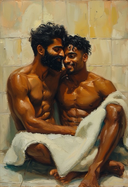 Badezimmerumarmung nach der Dusche