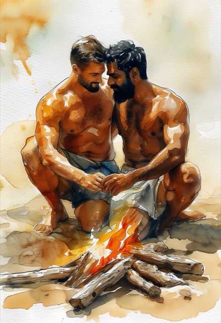 Umarmung am Strandfeuer