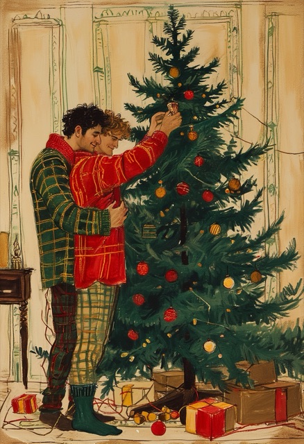 Umarmung beim Weihnachtsbaum schmücken