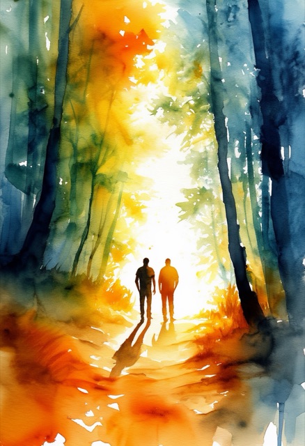 Waldweg im Sonnenlicht mit Silhouetten