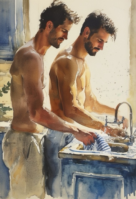 Aquarell-Freunde beim Geschirrspülen