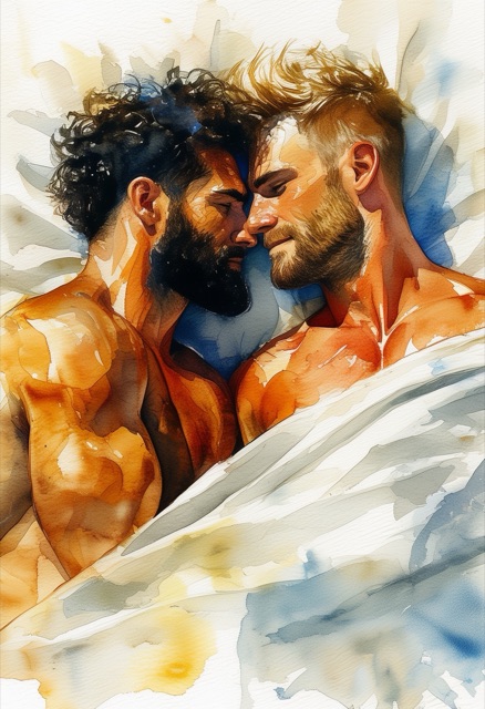 Aquarellumarmung auf sonnenbeschienem Bett