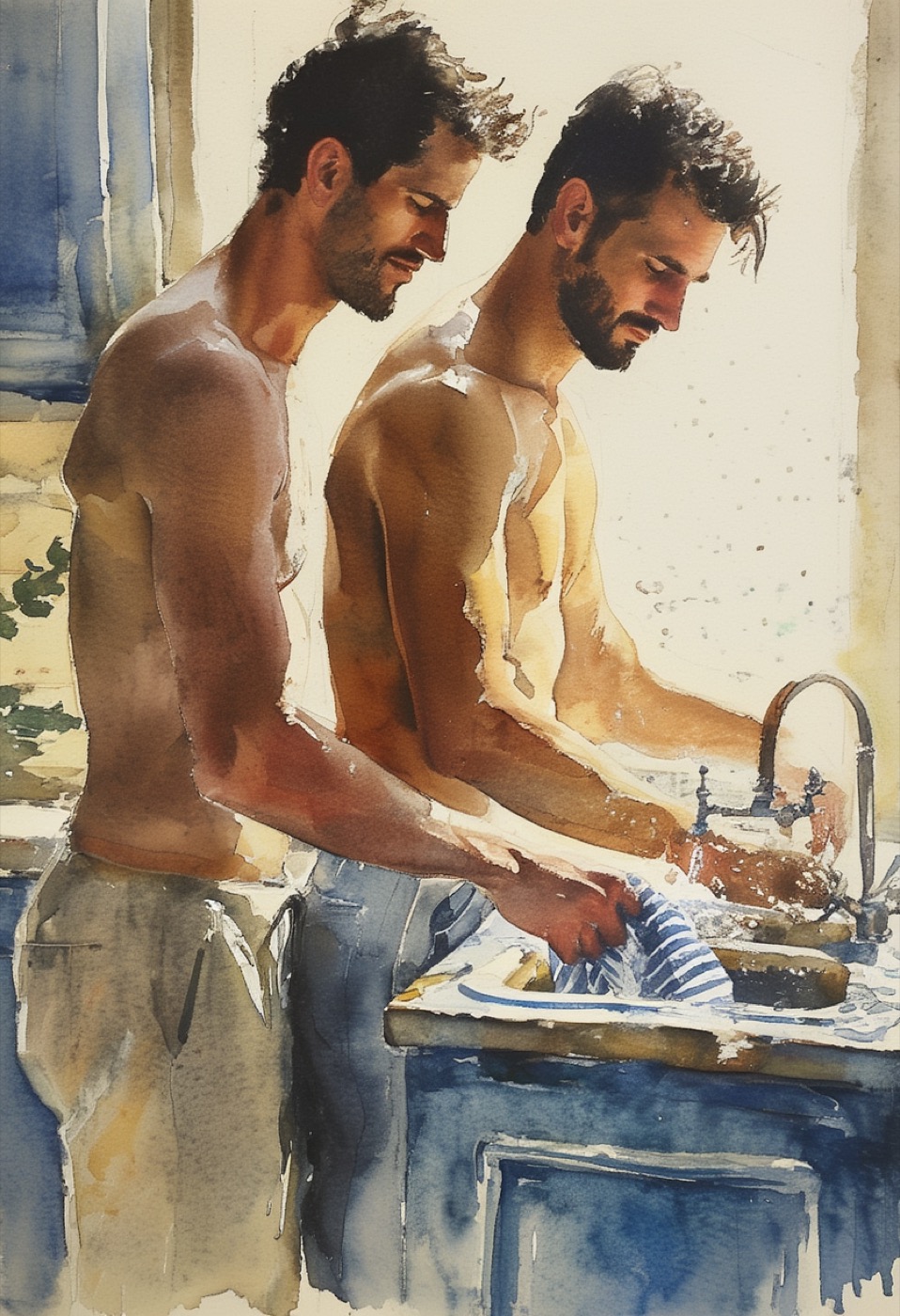 Compañeros a Mano de Acuarela Lavando Platos